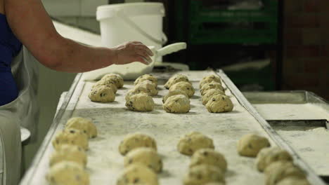 baker dipping hand on flour before putting cookie dough with raisins on the baking tray