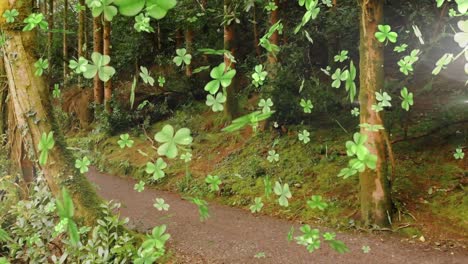 animation of clover icons over caucasian man cycling in forest