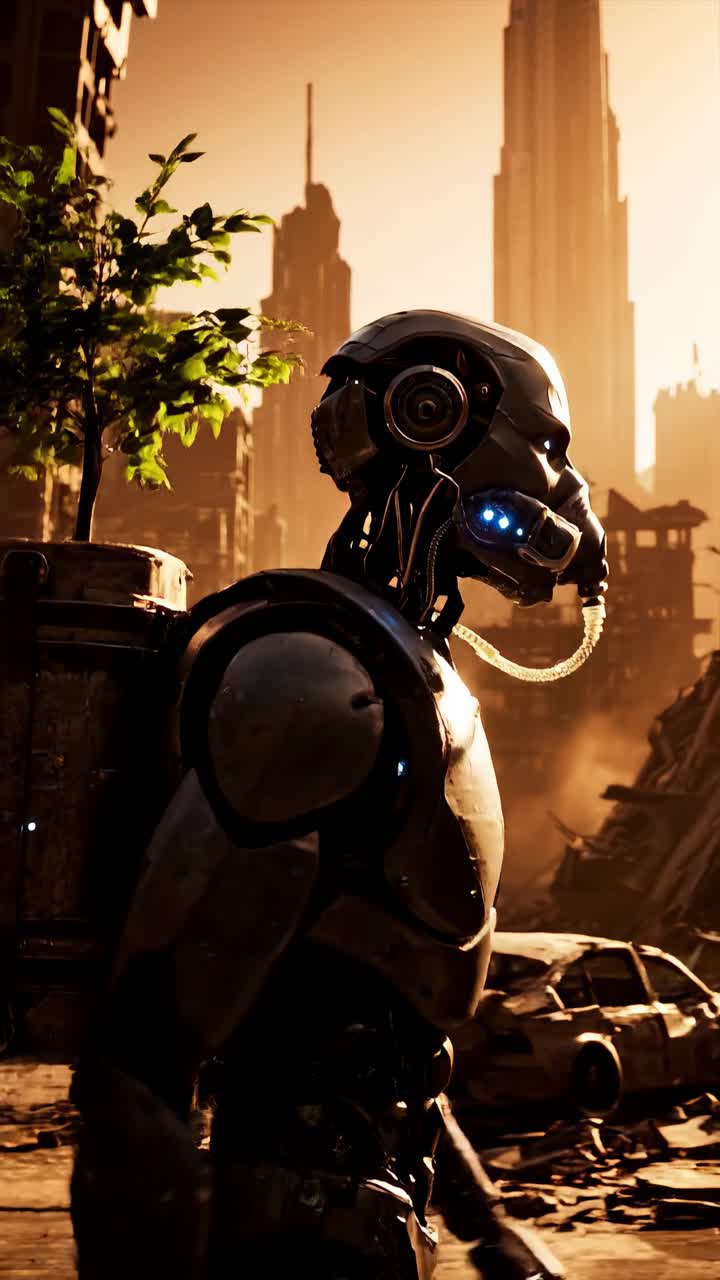 Vista laterale di un robot futuristico in un paesaggio urbano distopico, stile videogioco