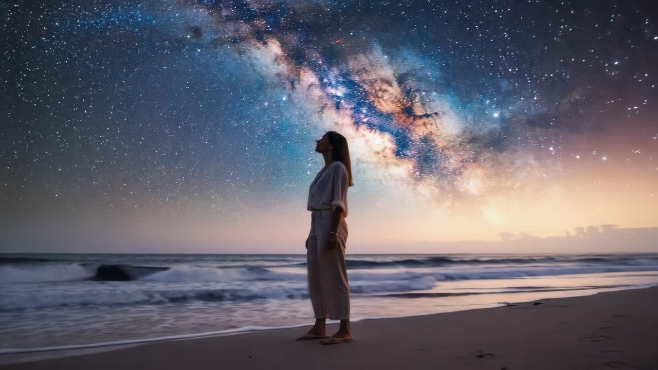 Woman gazing at the Milky Way on a serene beach at night