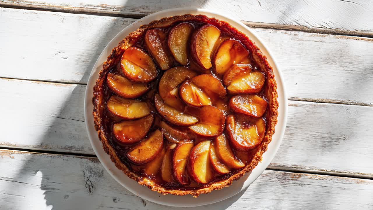 tarte de manzana caramelizada dorada en una mesa de madera rústica