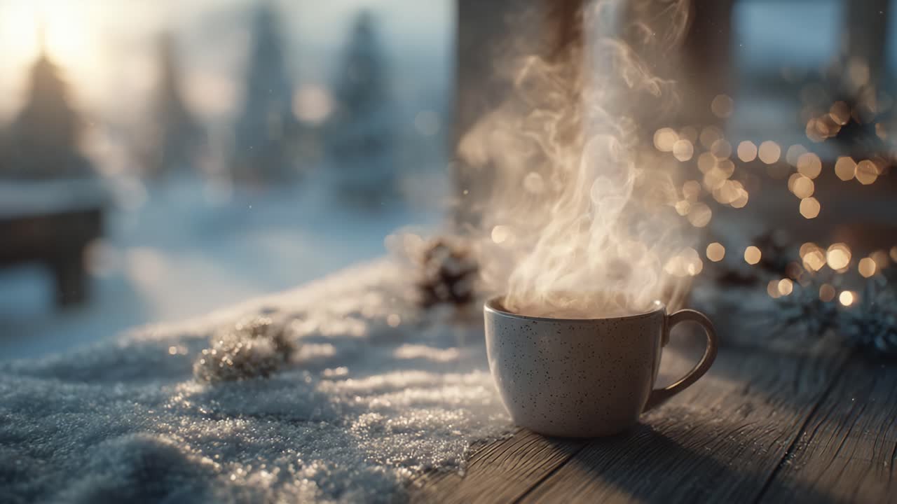 Cozy Winter Scene Featuring a Steaming Mug of Hot Beverage, Surrounded by Glimmering Snow and Distant Evergreen Trees, Captured in a Serene Natural Setting