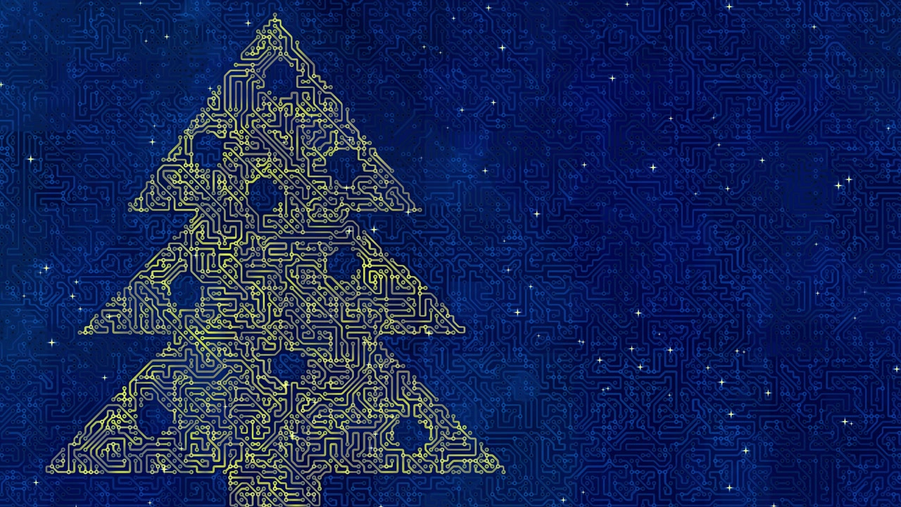 vibrant golden circuit board Christmas tree glows elegantly on a dark blue tech style starry night background, loopable animation