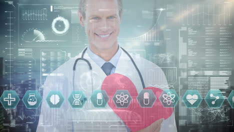 animación de procesamiento de datos e íconos médicos sobre sonriente doctor caucásico masculino sobre el paisaje urbano
