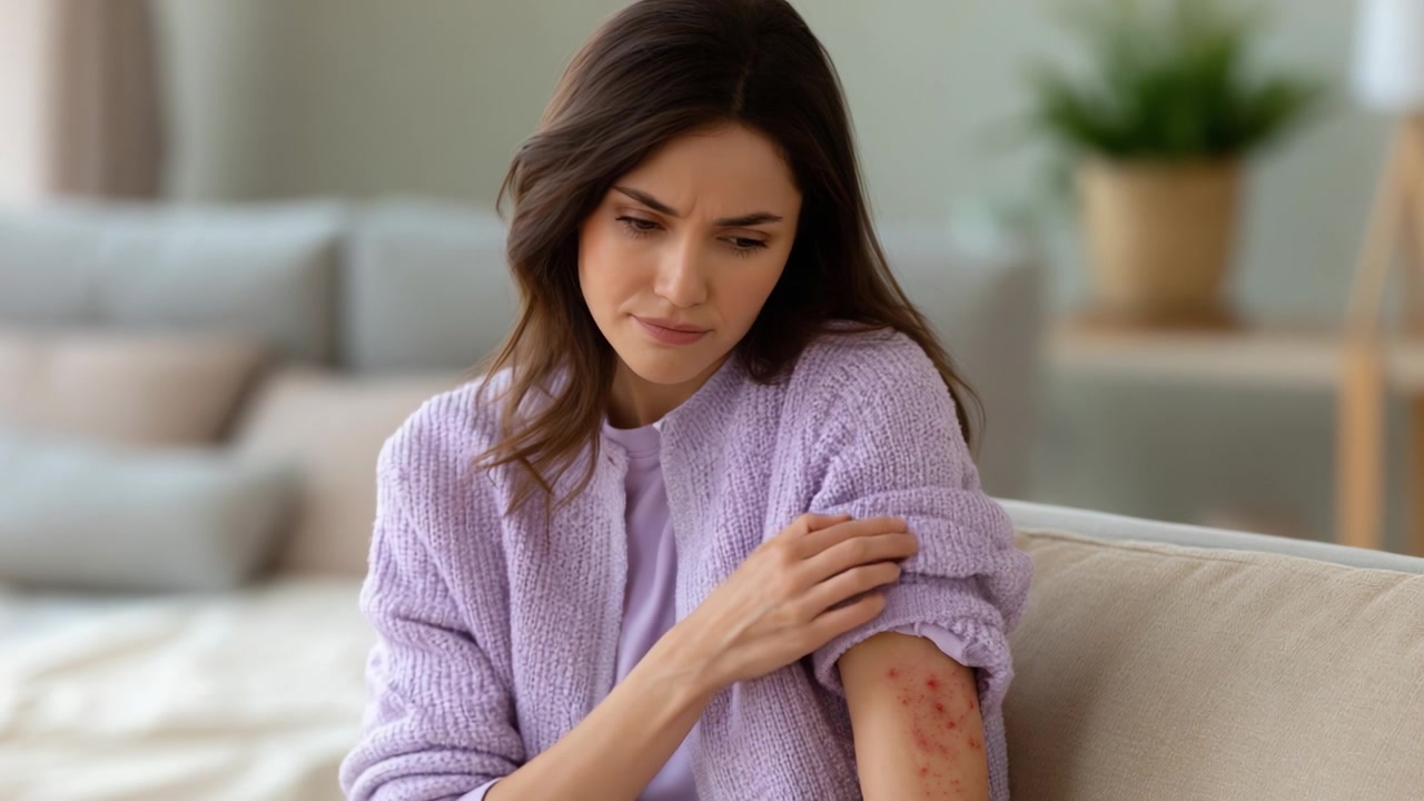 Uma jovem mulher em um ambiente acolhedor contempla sua condição de pele, mostrando sinais de desconforto e preocupação com as erupções e irritações em seu braço