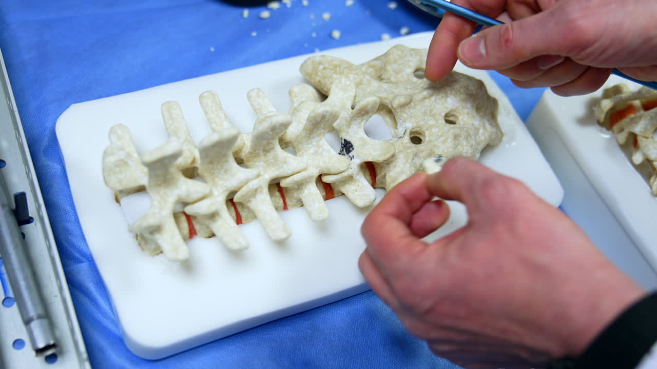 Male hands use model of spine for demonstration at neurosurgery practice. Close up. Dummy is lifted up.