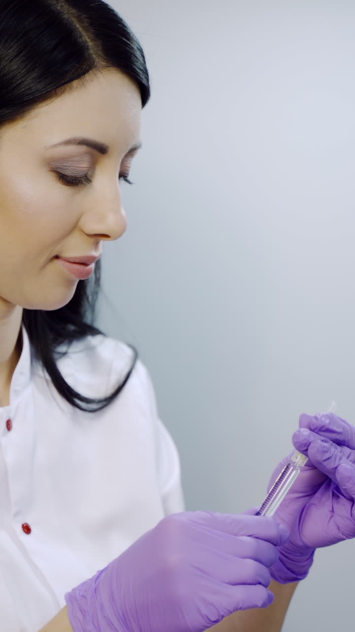 A cosmetologist prepares a syringe for beauty injections in the salon. Botox. Rejuvenation procedure Vertical video