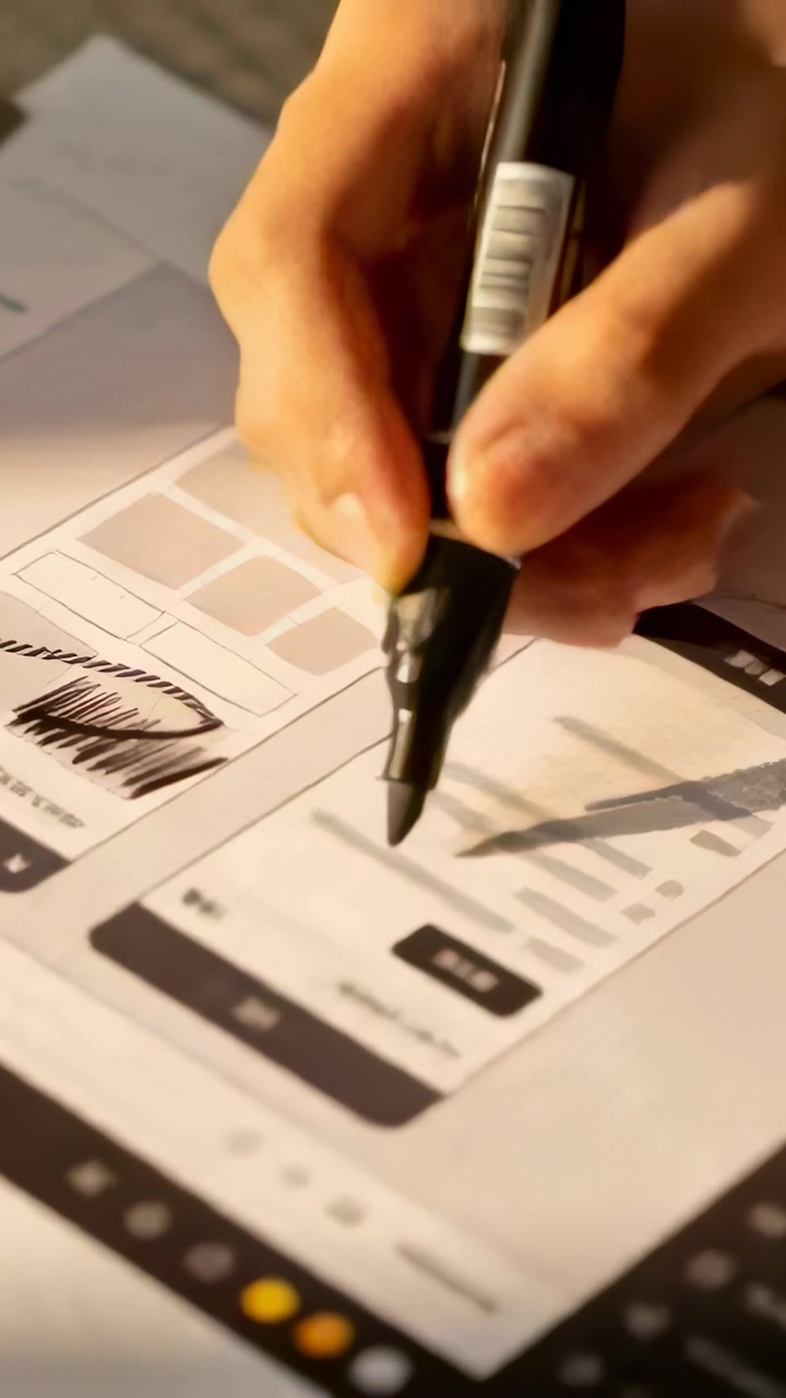 Video verticale: Test della punta di un pennarello su campione, mano che tratteggia mockup UI per lo spessore della linea, con codice a barre.