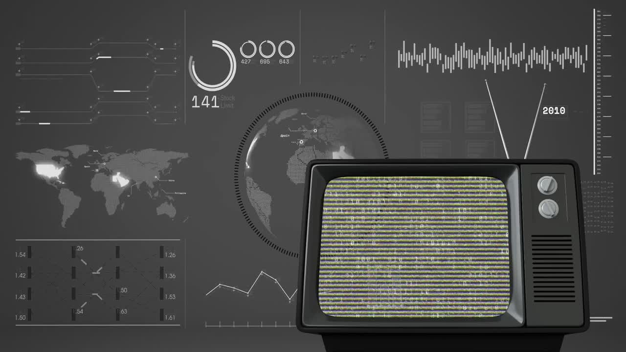 animación de televisión antigua en todo el mundo y datos diversos en pantalla digital