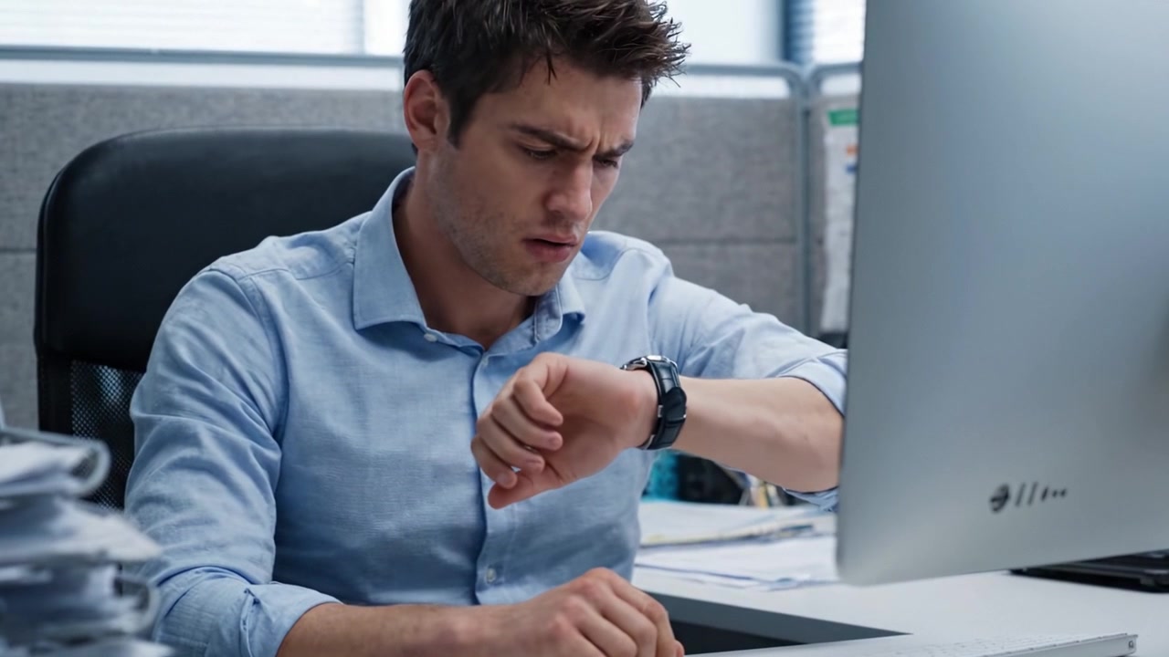 Frustrated Young Professional in an Office Setting Struggling with Work Pressure and Stress at His Desk, Reflecting Challenges in Modern Work Environments