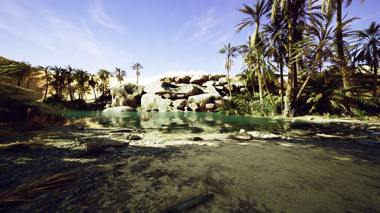 Beautiful oasis surrounded by palm trees in a desert landscape