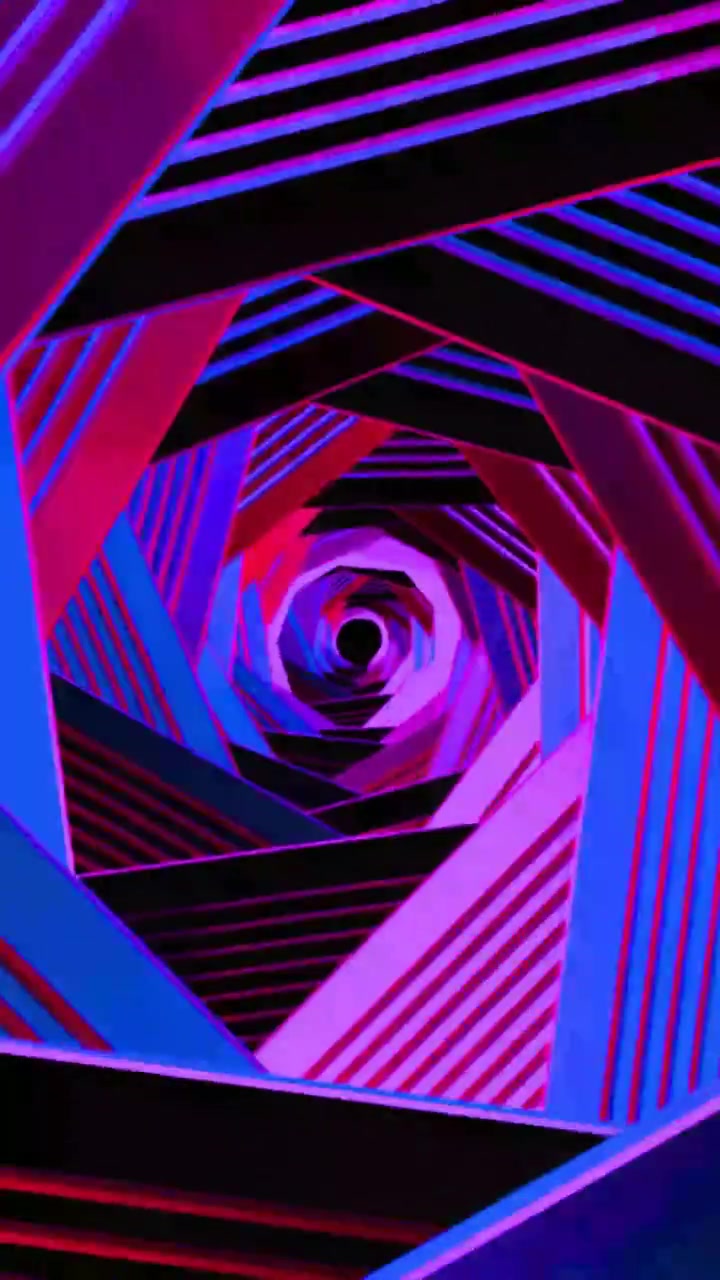 Hypnotická animace geometrického tunelu v neonových barvách