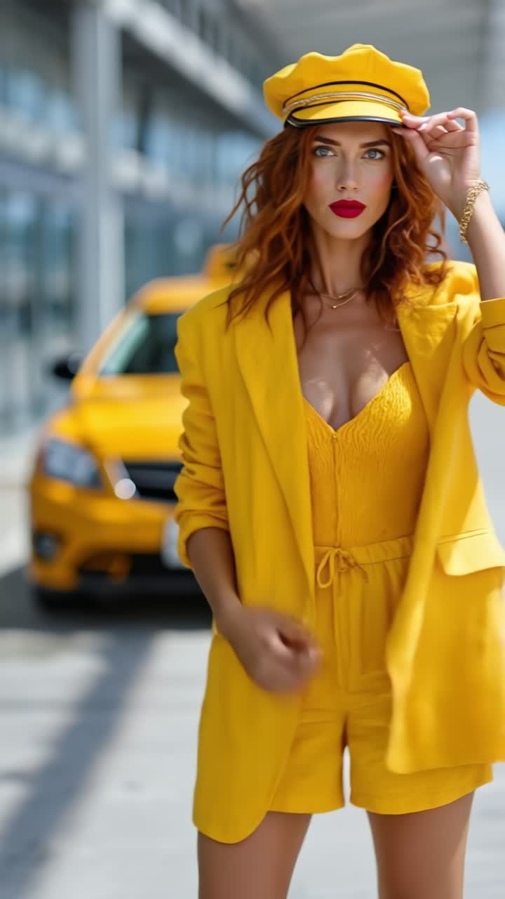 Allegra donna dai capelli rossi in tailleur giallo e cappello da capitano, che sorride per strada