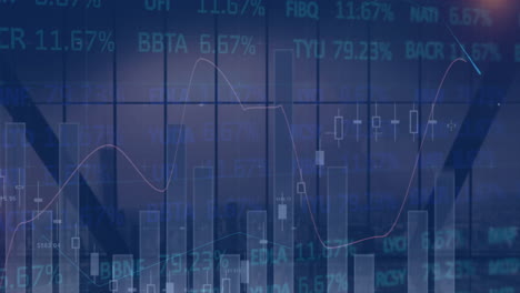 Animation-Der-Statistischen-Börsendatenverarbeitung-Vor-Dem-Blick-Auf-Die-Stadtlandschaft-Aus-Einem-Bürofenster