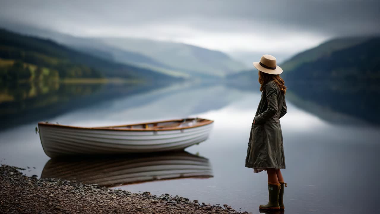A serene lakeside scene featuring a reflective woman standing by tranquil water, wearing a stylish hat and coat, with a rowboat anchored nearby, surrounded by nature's beauty