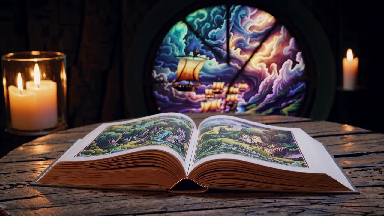A mystical open book on a rustic table, lit by candlelight