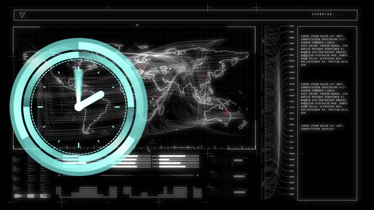 검은 바탕에 시계와 데이터 처리의 애니메이션