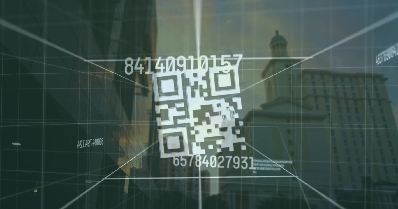 Animation of qr code and numbers over cityscape