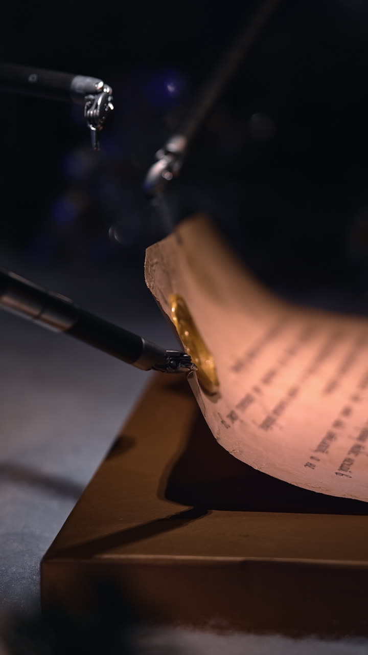 Da Vinci metal forceps take and fold the letter with a seal. Innovative robotic equipment work demonstration in modern surgery room. Dark backdrop. Close up. Vertical video