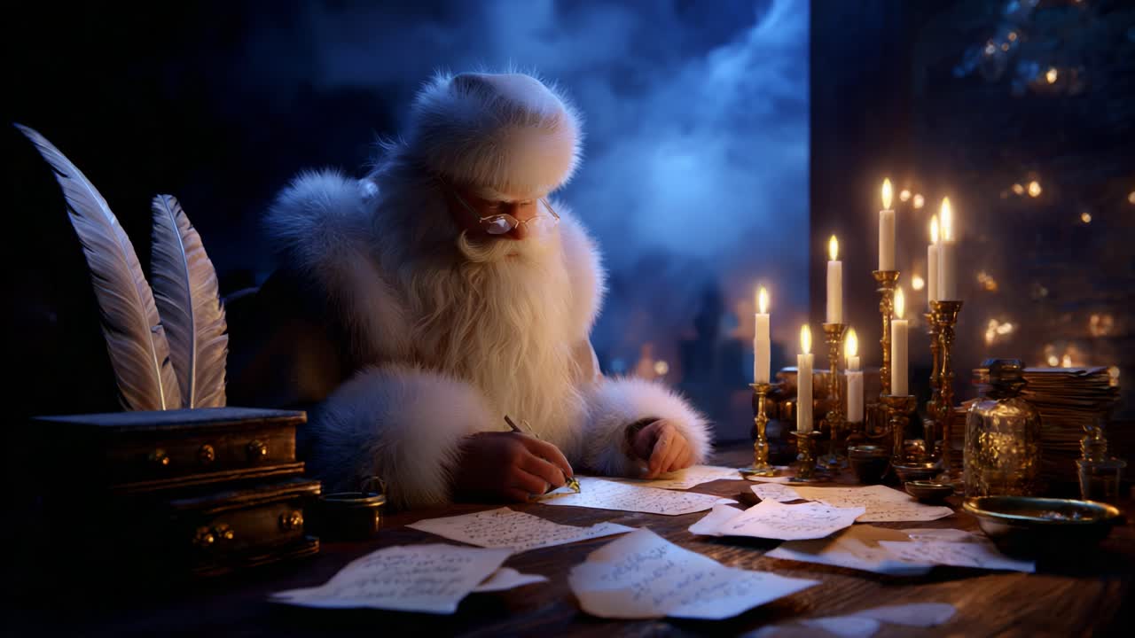 A thoughtful Santa Claus diligently writing letters in a dimly lit room filled with flickering candles, feather quills, and scattered parchment, capturing the essence of holiday spirit and magic at work