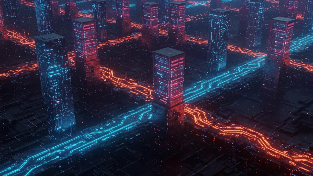 Futuristic Digital Cityscape with Neon Blue and Red Circuit Patterns Illuminating Towering Structures in a Networked Grid Environment