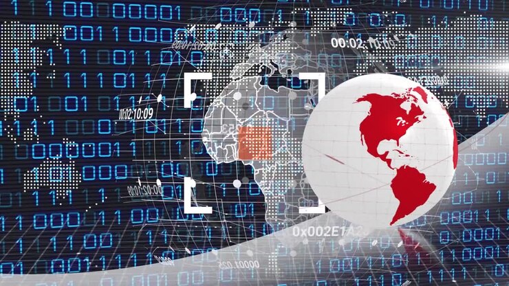 Animation of data processing over globe and world map