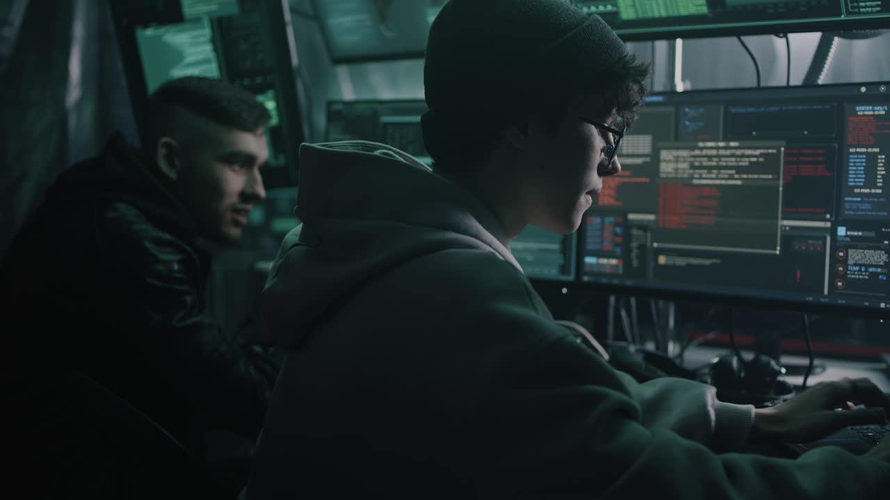 Hackers working late at night in a computer room