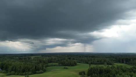 Epic-time-lapse-of-dark-clouds-on-the-sky,-passing-forward-above-green-meadows-and-forests,-copy-space