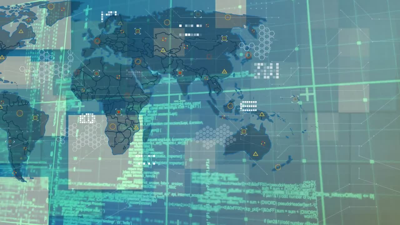 Animation of data processing over grid network against world map on grey background