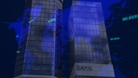 animación del procesamiento de datos financieros sobre un edificio bancario moderno