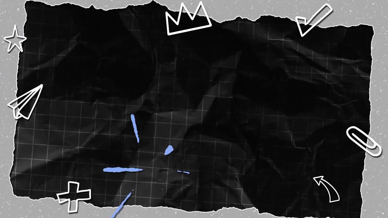 Crumpled Black Grid Paper with Animated Icons and Ink Splatters
