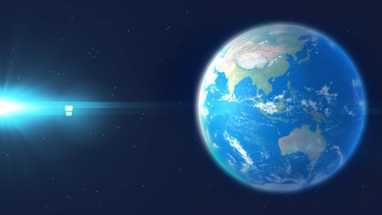 太陽のフレア、青い海、大陸、雲を伴う宇宙の3D地球儀 - グローバルな天文学的視点