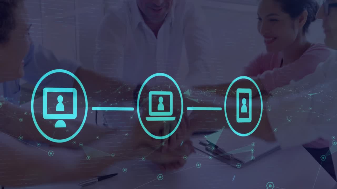 animación de una red de iconos digitales sobre diversos colegas que se juntan en la oficina
