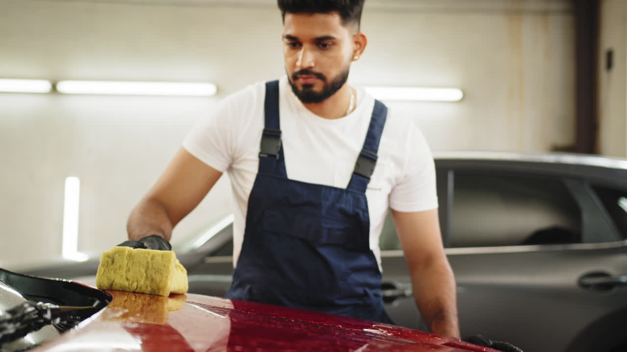 detalles de automóviles por un trabajador en un garaje