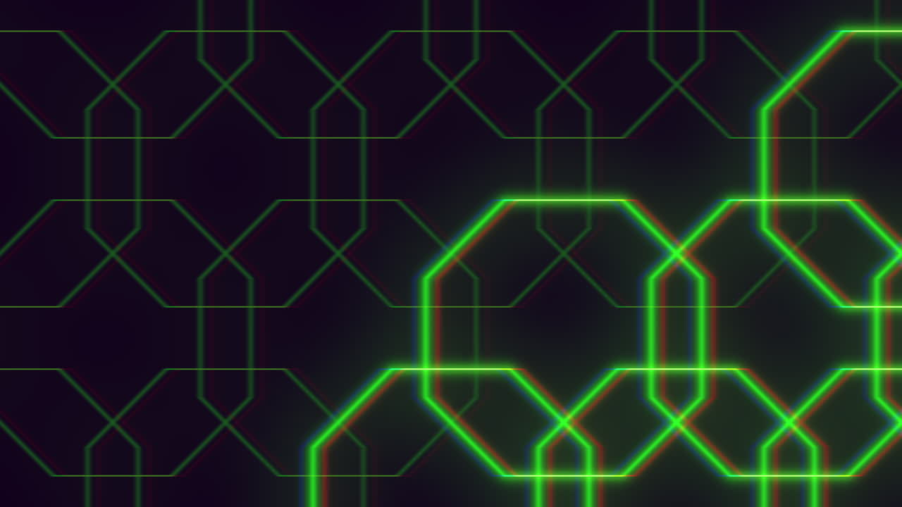 A mesmerizing geometric pattern fills the image, featuring glowing green lines arranged in a hexagonal shape against a black backdrop, each line tapering to a sharp point