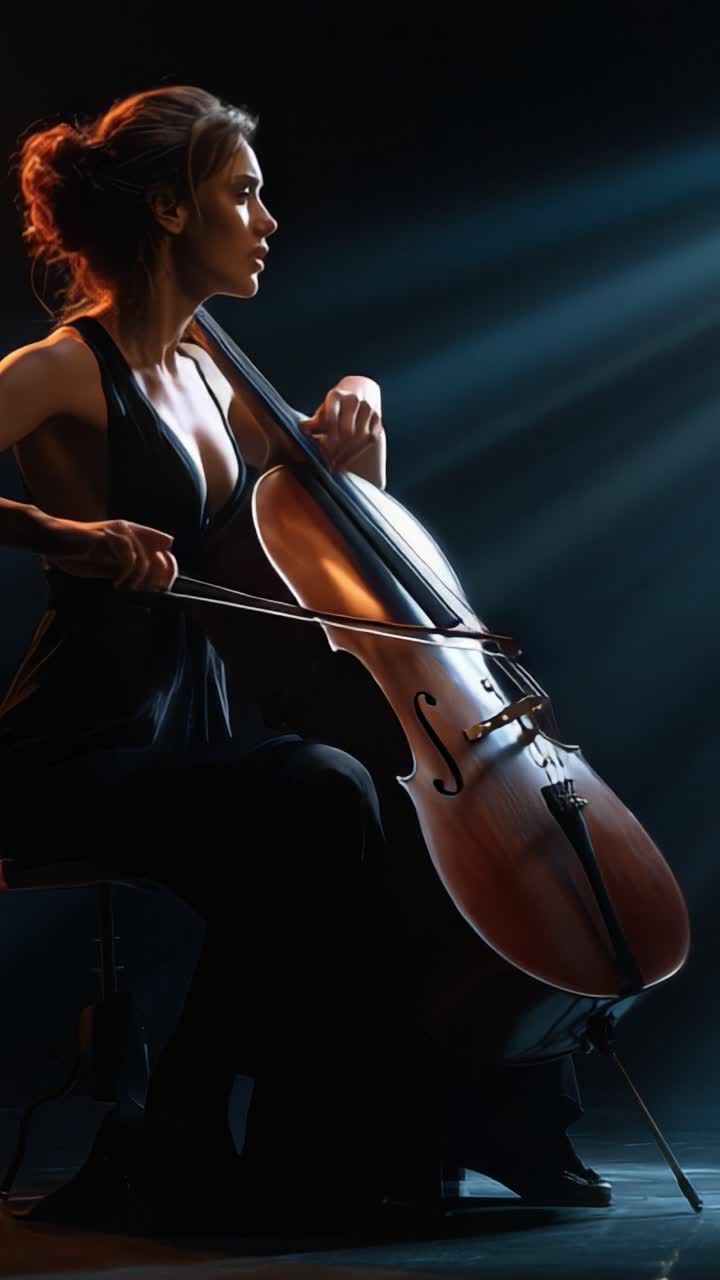 Un musicista solitario affascina un pubblico con i suoni incantevoli di un violoncello, illuminato da un'illuminazione drammatica che esalta l'atmosfera emotiva.