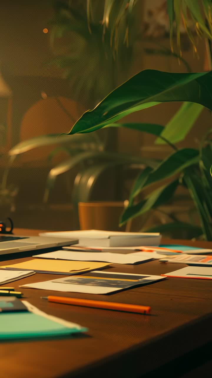 Vertical video: Drifting plant leaf crossing wooden desk in home workspace, with laptop and papers