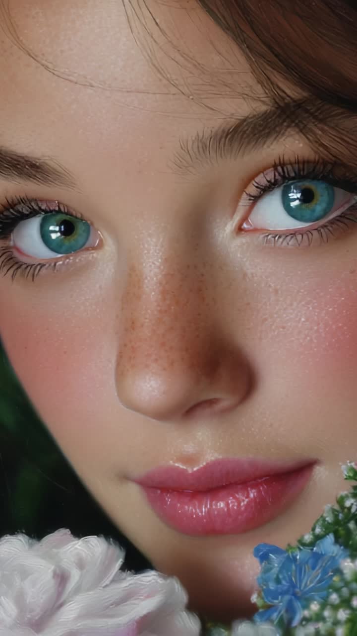 A Close-Up Portrait Highlighting the Radiant Features of a Young Individual Surrounded by Delicate Floral Elements, Showcasing Natural Beauty and Freshness