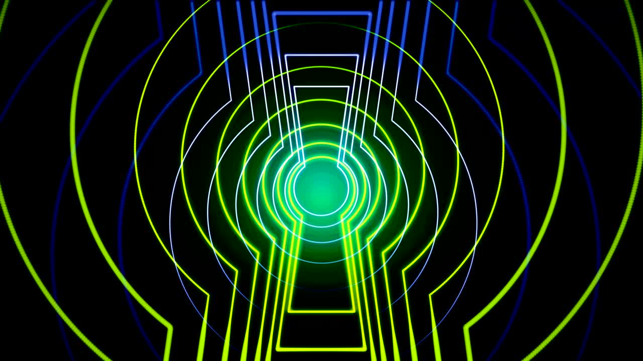 Abstract animation of colored green narrow circles on black background, seamless loop. Animation. Beautiful abstraction of glowing lines resembling key hole