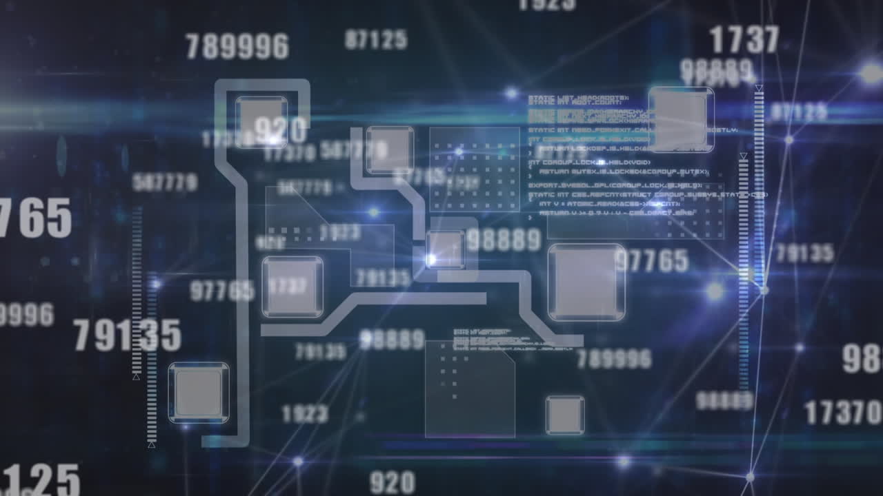 animación de la red de conexiones y procesamiento de datos a través de una placa de circuitos informáticos