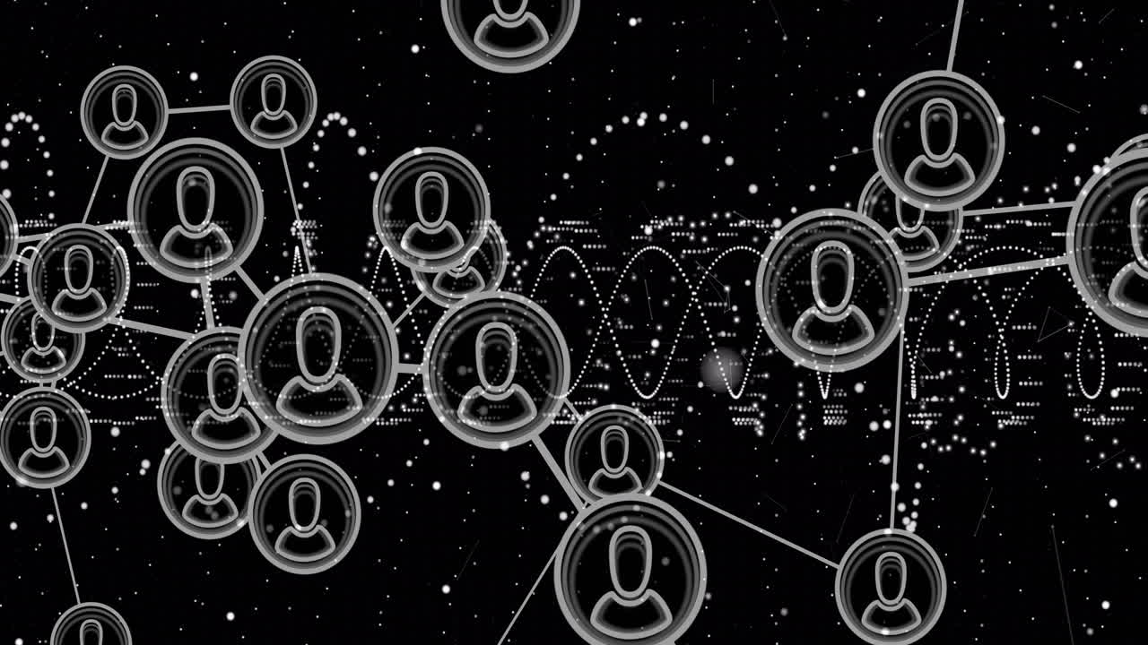 animación de la red de conexiones con iconos sobre cadenas de adn