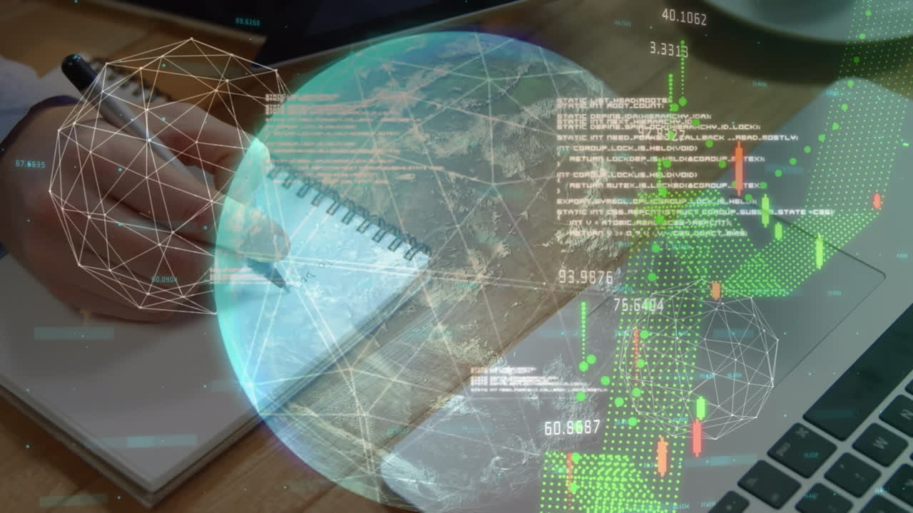 animación del globo con conexiones y datos sobre la escritura de los empresarios caucásicos