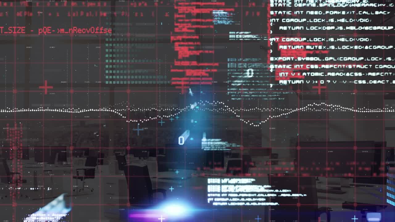 Animation of binary codes, computer language, graphs, empty room with computers on table in office