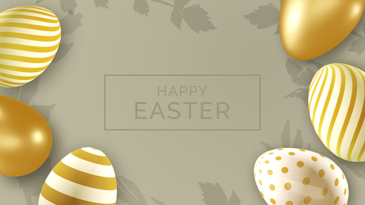 Happy Easter background. Golden Easter eggs with texture and decor. Realistic looped 3D animation. Spring religious screensaver.