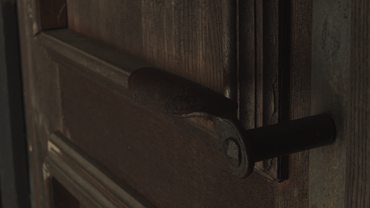 손이 오래된 나무 문의 잠긴 철문 손잡이를 열려고 합니다.