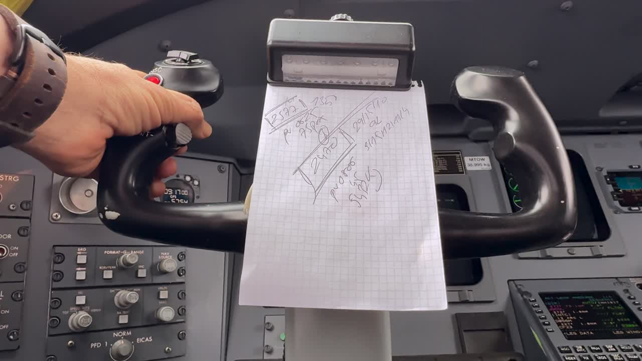 Close-up view of the left hand a caucasian pilot grasping firmly the flight controls of a jet flying in severe turbulence