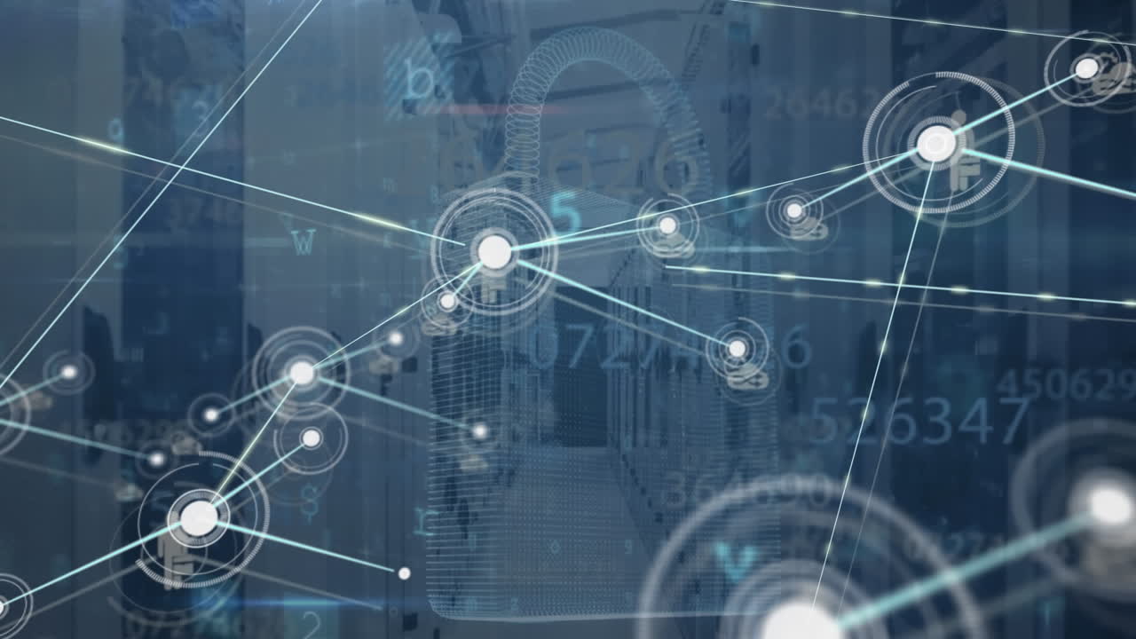 Animation of network of connections with icons and data processing over computer servers