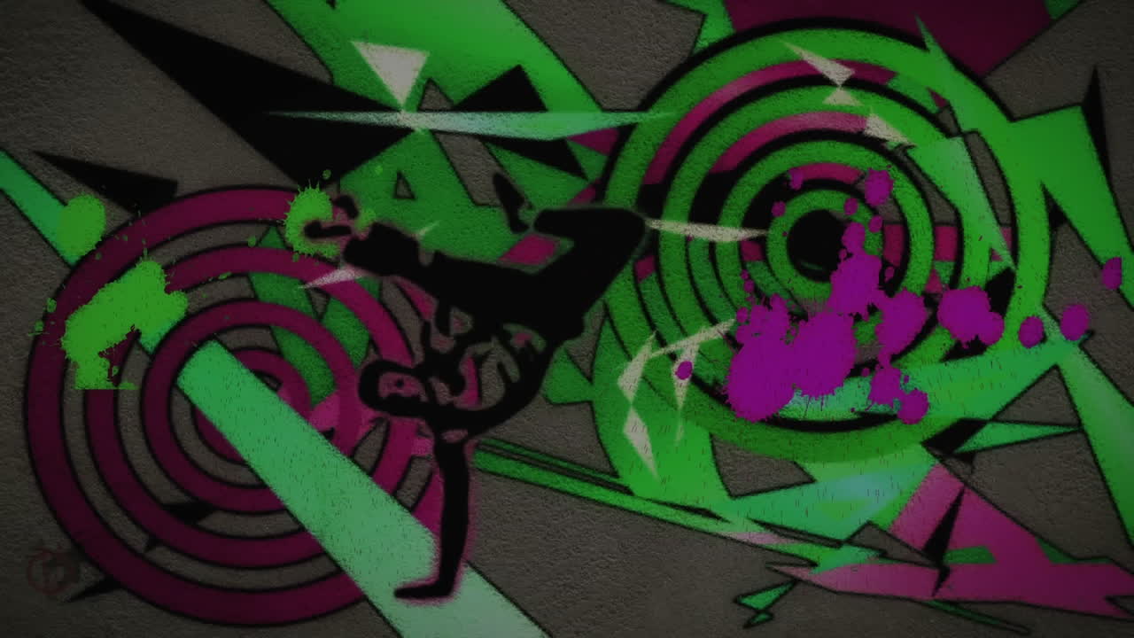 Breakdancer silhouette over colorful geometric shapes and splashes animation