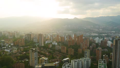 Beautiful-Aerial-View-of-Medellin,-Colombia-at-Sunset