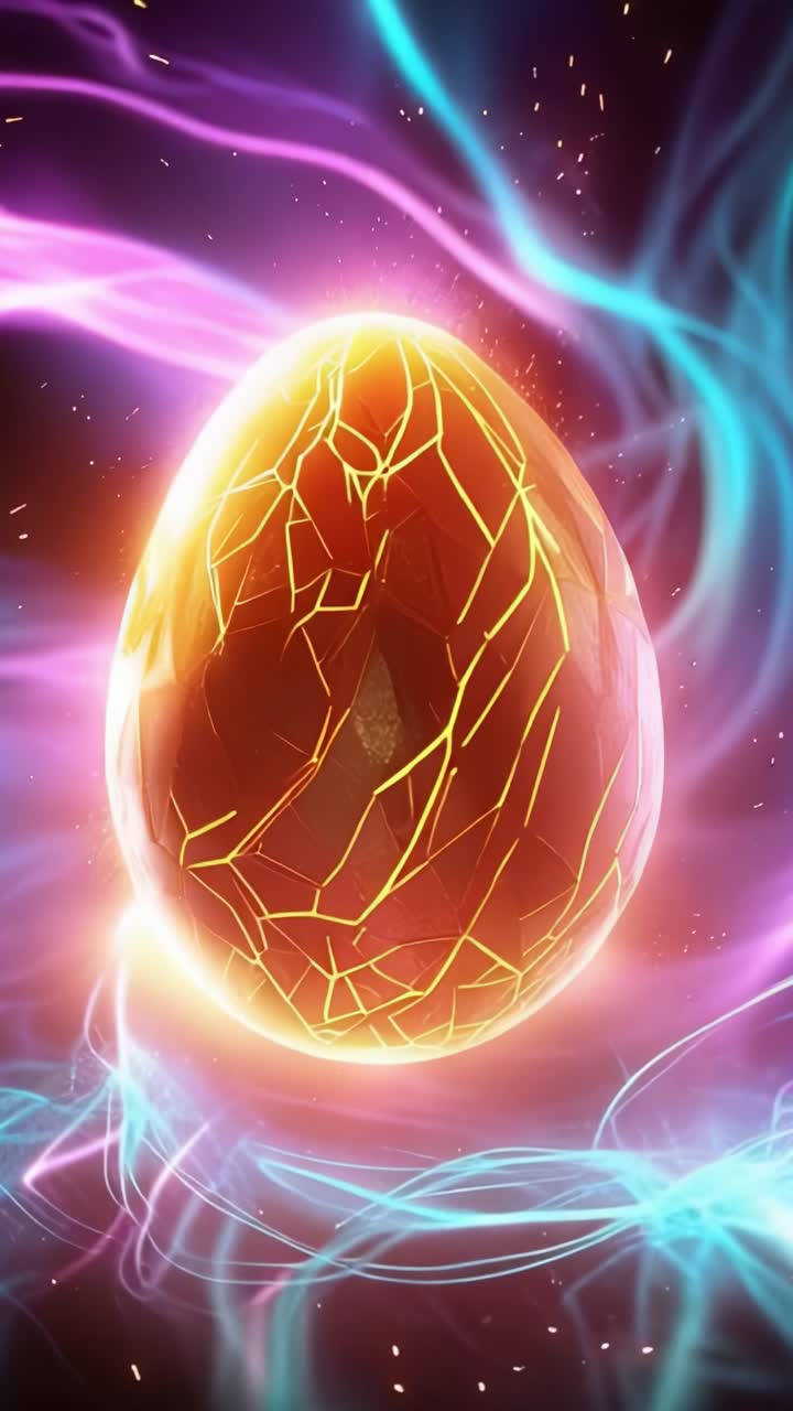 Uovo di energia mistica: una trasformazione mozzafiato dalla forma solida a una superficie incrinata, circondata da luci incandescenti e colorate in una magica dimostrazione di potere.
